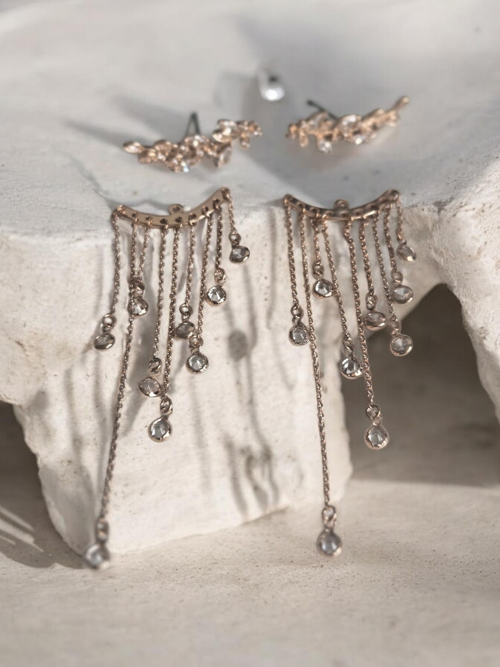 Aldo Rose Gold Chain Fringe Earrings with Crystal Drops
